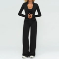 Three-piece black yoga set with zipped jacket, sports bra and high-waist pants - S / Top And Bottom / Jacket+Vest+Wide Leg Pants—Premium Black