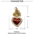 Detailed parameter diagram of red enamel heart pendant with white zircon and copper finish - Style VH618 (25x13mm/2g)