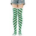 Detail of green and white striped over-knee socks worn with denim shorts on white background - Green and White Diagonal Stripes