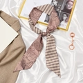 Beige and brown checkered silk ribbon scarf with illustrated pattern and logo - Street Corner Pink