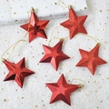 Set van zes rode ster kersthangers met glitter en gepolijste afwerking en gouden koorden - Rode Ster 6-delige Set / Rood