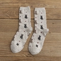 Grey wool blend crew socks with cat silhouettes and red heart patterns in a vintage style - White Kitten