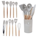 Juego de 12 utensilios de cocina de silicona gris con mangos de madera y soporte - Caqui Juego de 12 Piezas Con Cubo Pequeño (Ultraligero)