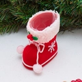 Stivale natalizio rosso floccato per caramelle con bordo in peluche e decori a fiocchi - Piccolo