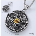 Detailed 37mm stainless steel circular pendant necklace with yellow stone and vintage texture - Yellow Gemstone Dragon Eye Style (Style 12)