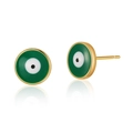 Golden brass evil eye stud earrings with green enamel inlay and 18K gold plated finish - Green Round Evil Eye (KE0726-2)