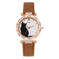Women's quartz watch with cute black cat silhouette dial and rose gold rhinestone bezel - Brown Single Watch