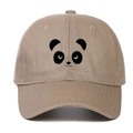 Detailed view of panda face embroidery on a khaki cotton twill baseball cap with soft top - Khaki