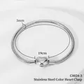 Silver stainless steel snake chain bracelet with heart clasp, 3mm thick and 19cm long - Steel Color Heart Buckle