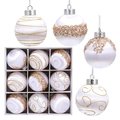 Set di 9 palline di Natale da 8 cm in schiuma bianco e oro con motivi glitterati - 8cm (Set da 9) / Bianco