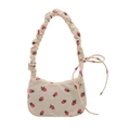 Borsa a tracolla vintage in velluto a coste color crema con fragole e tracolla arricciata - Bianco