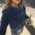 Women's dark blue cable knit cardigan sweater with elegant gold buttons - S / Navy Blue
