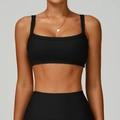 Zwarte geribbelde yogaset met sportbeha met vierkante hals en leggings met hoge taille - S / Premium Zwart