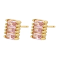 Macro shot of rectangular tiered gold earrings with pink gemstones and studded edges - Gold Pink Zirconia T-Shape (VE1500)