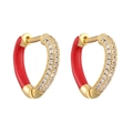 Golden heart hoop earrings with red enamel and sparkling cubic zirconia stones - Red