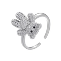 Detailed macro view of a silver teddy bear ring featuring micro-paved sparkling crystals - Platinum White Zirconia