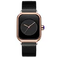 Women's square quartz watch with rose gold case and black Milanese mesh strap - Rose Gold Black Dial Black Mesh Strap