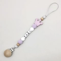 Detail of baby pacifier clip with beech wood, silicone beads and crown ornament - Violet