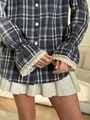 Plaid long-sleeve shirt with beige lace-trimmed flared cuffs and pleated mini skirt - S / Blue Gray