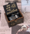 Vintage dark brown wooden music box featuring You Are My Sunshine golden interior design - Black Line Sunshine