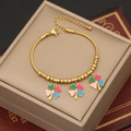 Golden stainless steel bracelet featuring three colorful four-leaf clover heart pendants - Multicolor Four Leaf Clover Heart Style (2#)