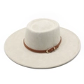 Elegante cappello jazz beige in pelle scamosciata a tesa larga con cinturino marrone - M(56-59CM) / Beige (Scamosciato)