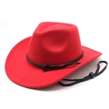 Detail of red wool felt cowboy hat with black braided band and adjustable chin strap - M(56-58cm) / Red