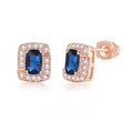Rose gold rectangle halo stud earrings with deep blue stone and pavé accents - Rose Gold + Royal Blue Stone Earrings