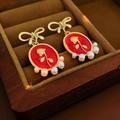 Vintage golden bow earrings with red enamel rose pendant and small pearl fringe details - Silver Earring Post Flower Rose Cameo Pearl Stud Earrings