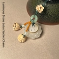 Glow-in-the-dark lotus sachet pendant with green wood beads and woven string cord - Luminous Stone Lotus - Boxwood Pod Style (10) / Approx. 2.5x3cm - Without Aroma Pill