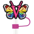 Rainbow butterfly straw topper with pink letter V design for 10mm drinking straws - Letter V