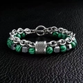 Detailed close-up of malachite beads and metallic links on a men's hip-hop bracelet - 21cm / Green