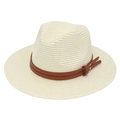 Close-up of beige Panama hat with brown faux leather band and metallic buckle detail - Cream