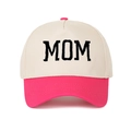Close-up of MOM letter embroidery on pink and off-white trucker baseball cap - Adjustable / Off-White and Rose Pink