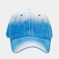 Close-up of blue gradient baseball cap featuring vintage distressed washed denim details - Blue