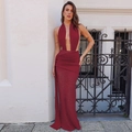 Elegant burgundy halter neck backless maxi dress with lace splicing and deep V-neck style - S / Burgundy