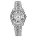 Macro detail of silver quartz watch featuring full diamond setting and Roman numerals - Silver