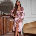 Elegant lotus pink satin floral robe with V-neck design and matching waist tie - S / Pink
