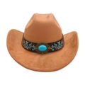 Classic camel suede western cowboy hat featuring turquoise floral embroidery and retro buckle - Khaki (Floral Embroidery Band)