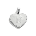 Polished silver stainless steel heart pendant featuring engraved letter N for DIY jewelry - Letter N / Steel