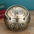 Retro bronze spherical metal ashtray with lid and decorative Fu Lu Shou relief design - Bronze Fortune Lu Shou