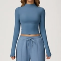 Dusty blue mock neck long sleeve crop top and high waist drawstring pants sports set - M / Denim Blue