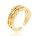 Adjustable golden multi-layer ring with sparkling cubic zirconia stones and wave texture - Three-Layer Wave Style