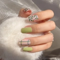 Long square matte green leopard print and grid pattern press-on nails set for women - Avocado Green Leopard Matte Style (CFCY-06) / Jelly Glue Type