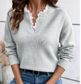 Light gray V-neck knit sweater for women featuring white lace trim and long sleeves - S / Light Gray