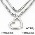 Silver chunky heart pendant necklace with double wheat chain and T-bar toggle clasp - Steel Color Necklace (KN235527-Z)