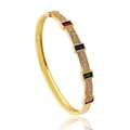 Detailed side view of gold plated bangle with colorful rectangle cubic zirconia stones - Colorful