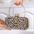 Luxury black rhinestone dinner clutch with golden frame and metal handle for evening parties - Black