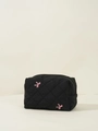 Black quilted makeup bag with pink embroidered bows and zipper, large cosmetic case - Makeup Bag / Black