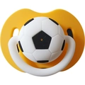 Funny baby pacifier featuring a soccer ball design on a bright yellow shield with handle - All Silicone Ball Pacifier / Orange